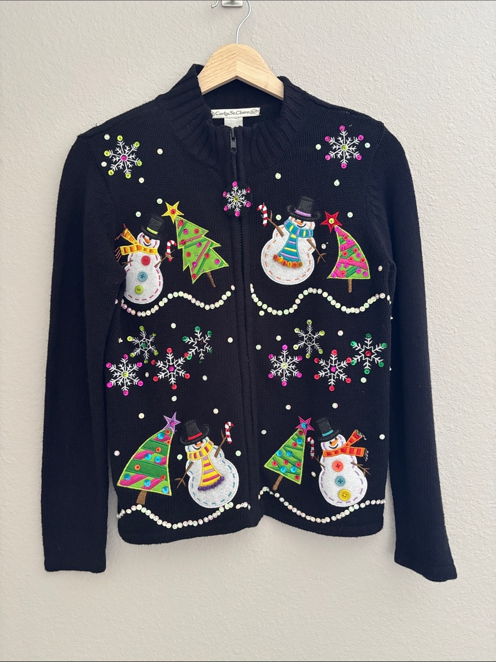 Vintage Carly St Claire Festive Black Snowman Zip-Up Holiday Sweater Size PS